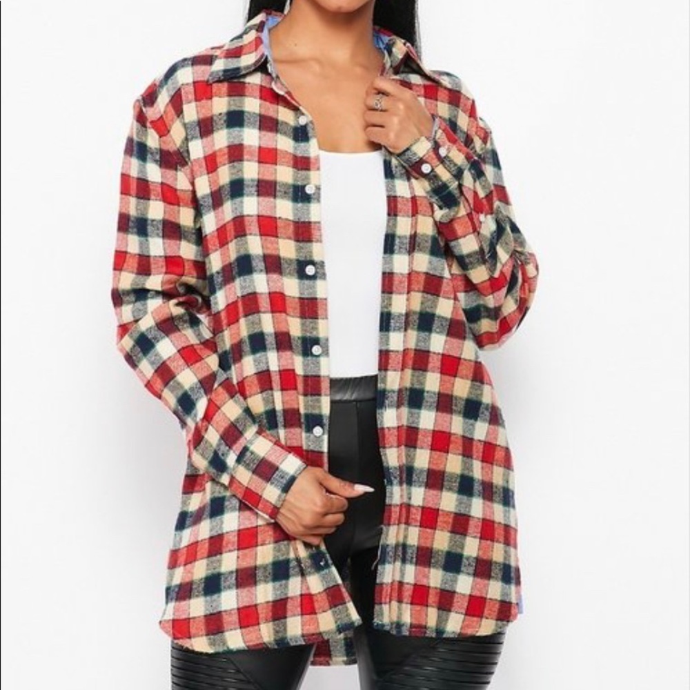 NEW FALL TRENDY RED/BLUE MULTI PLAID FLANNEL LONG SLEEVE BUTTON DOWN SHIRT TOP